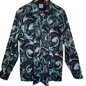 De-Niko Button Down Shirt Mens XL Teal Blue Marble Swirl Long Sleeve